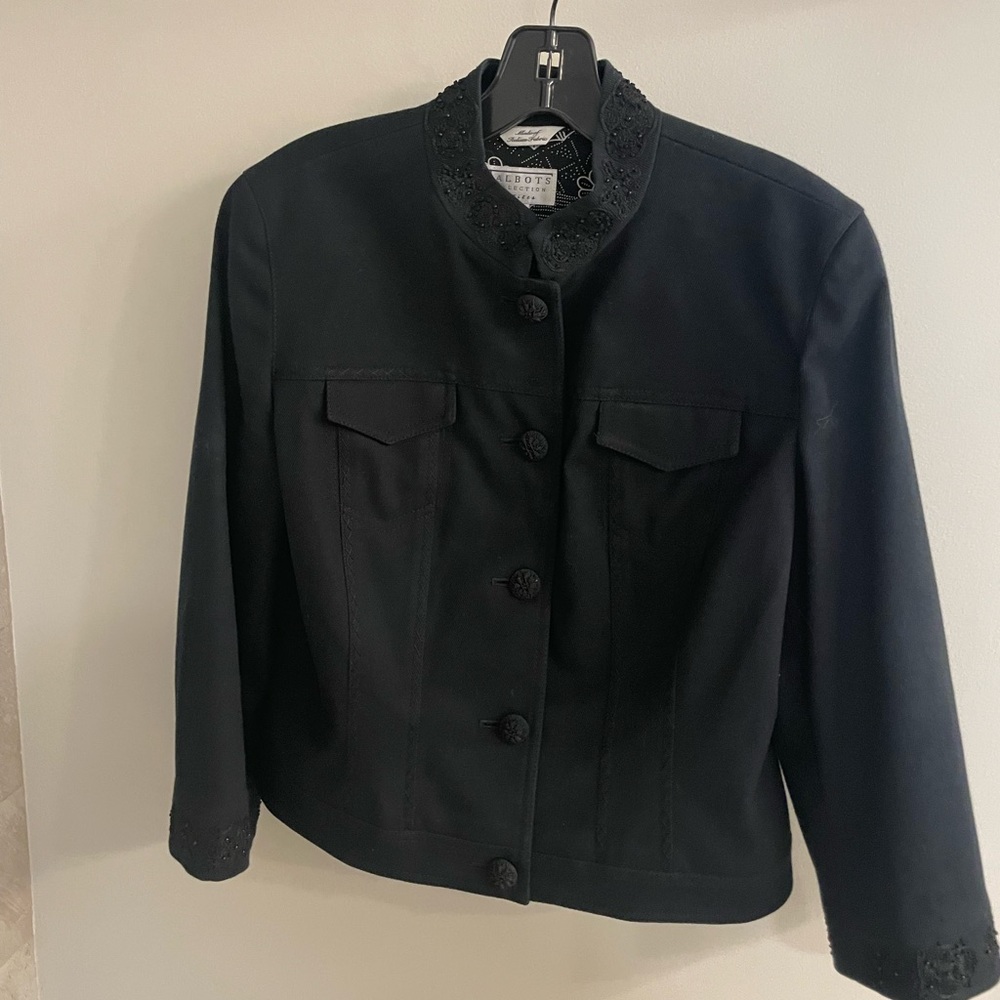 Talbots Petite Black Beaded Embroidered Jean Jacket Blazer